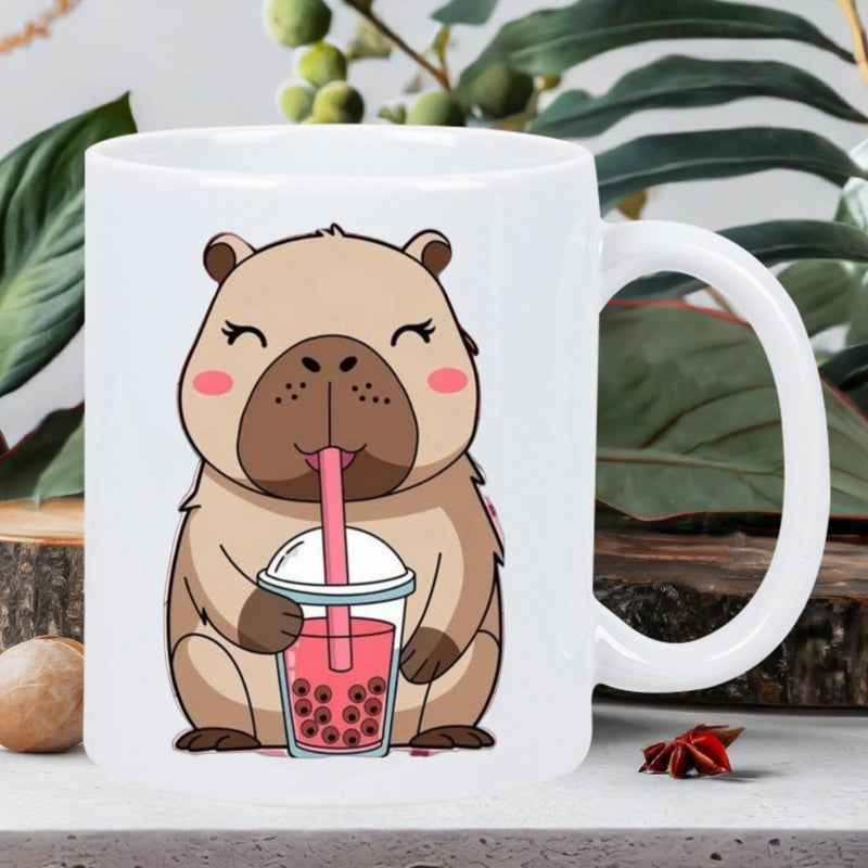 Tailorly White Ceramic 11 oz Mug - Adorable Cartoon Character Drinking Pink Boba Tea While Sitting Peacefully Capybara