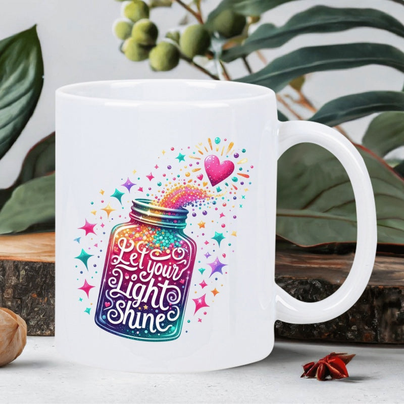 Tailorly White Ceramic 11 oz Mug - Let Your Light Shine Whimsical Glowing Jar With Colorful Stars And Sparkles Jar