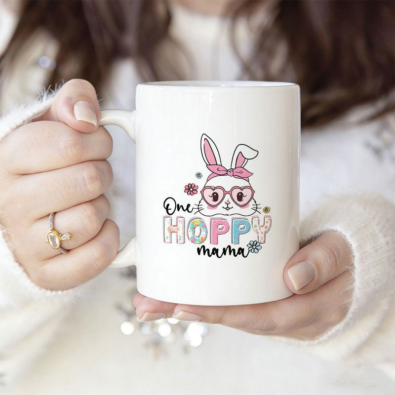 Tailorly White Ceramic 11 oz Mug - One Hoppy Mama Adorable Cartoon Face With Heart Shaped Glasses And Pink Bow Bunny