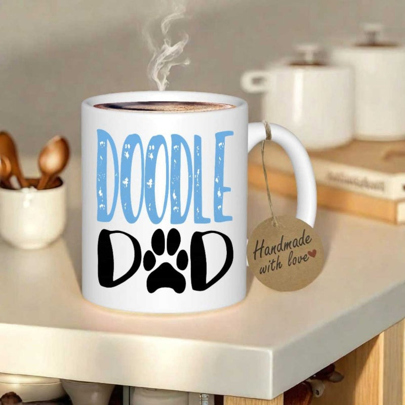 Tailorly White Ceramic 11 oz Mug - Doodle Dad Minimalist Black Paw Print Set Against Bold Blue And Black Lettering Mug