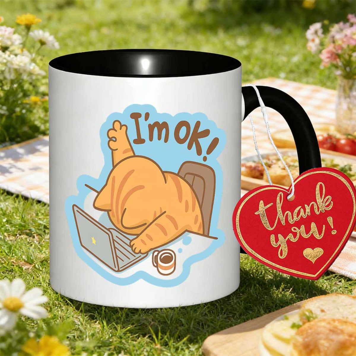 Tailorly Black Accent 11 oz Mug - cute in laptop， "i m ok" text