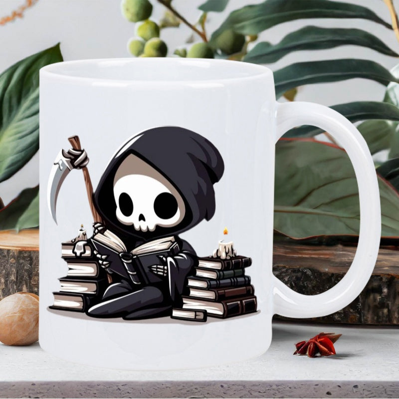Tailorly White Ceramic 11 oz Mug - Cute Little Skeleton Wearing Hooded Robe Reading Books Holding Sharp Scythe Reaper