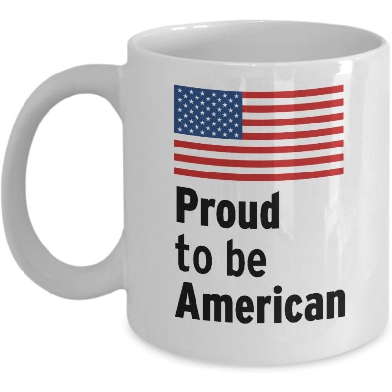 Tailorly White Ceramic 11 oz Mug - Proud To Be American Patriotic Stars And Stripes Waving Proudly Over Bold Black Statement American Flag