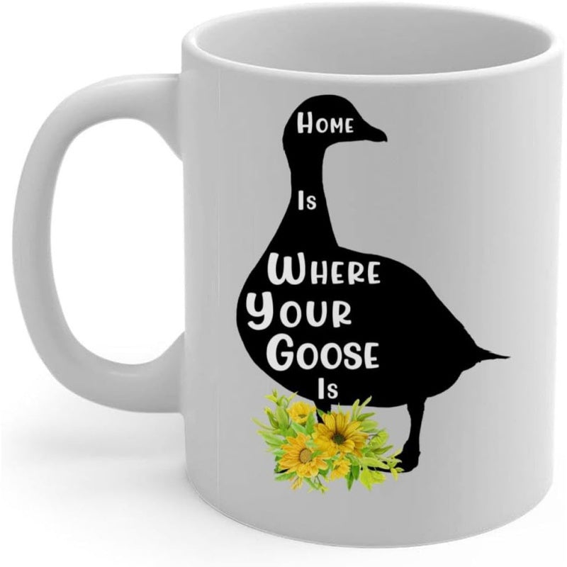 Tailorly White Ceramic 11 oz Mug - Home Is Where Your Goose Is Black Silhouette Standing Among Vibrant Yellow Sunflowers With Decorative Floral Accents Goose