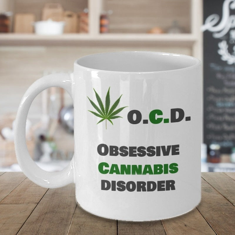 Tailorly White Ceramic 11 oz Mug - O.C.D. Obsessive Cannabis Disorder Green Seven Pointed Leaf With Bold Minimalist Typography Mug