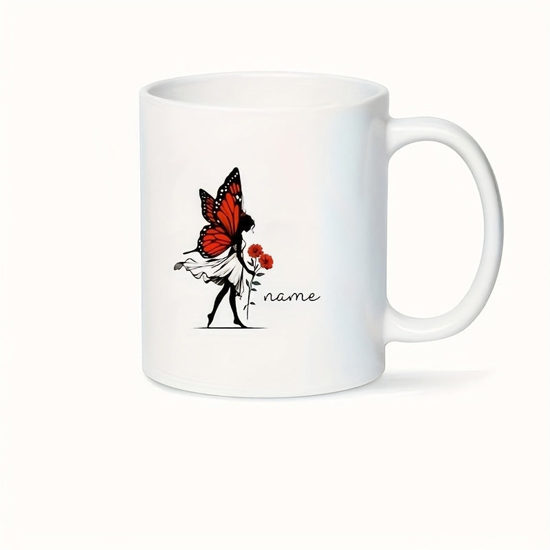 Tailorly White Ceramic 11 oz Mug - Name Elegant Female Silhouette With Vibrant Red Wings Holding Delicate Flowers Butterfly Fairy