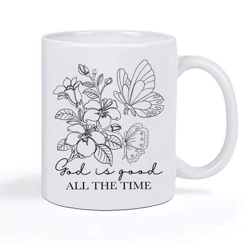 Tailorly White Ceramic 11 oz Mug - God Is Good All The Time Delicate Minimalist Black Ink Line Art Floral Scene Featuring Flying Butterfly
