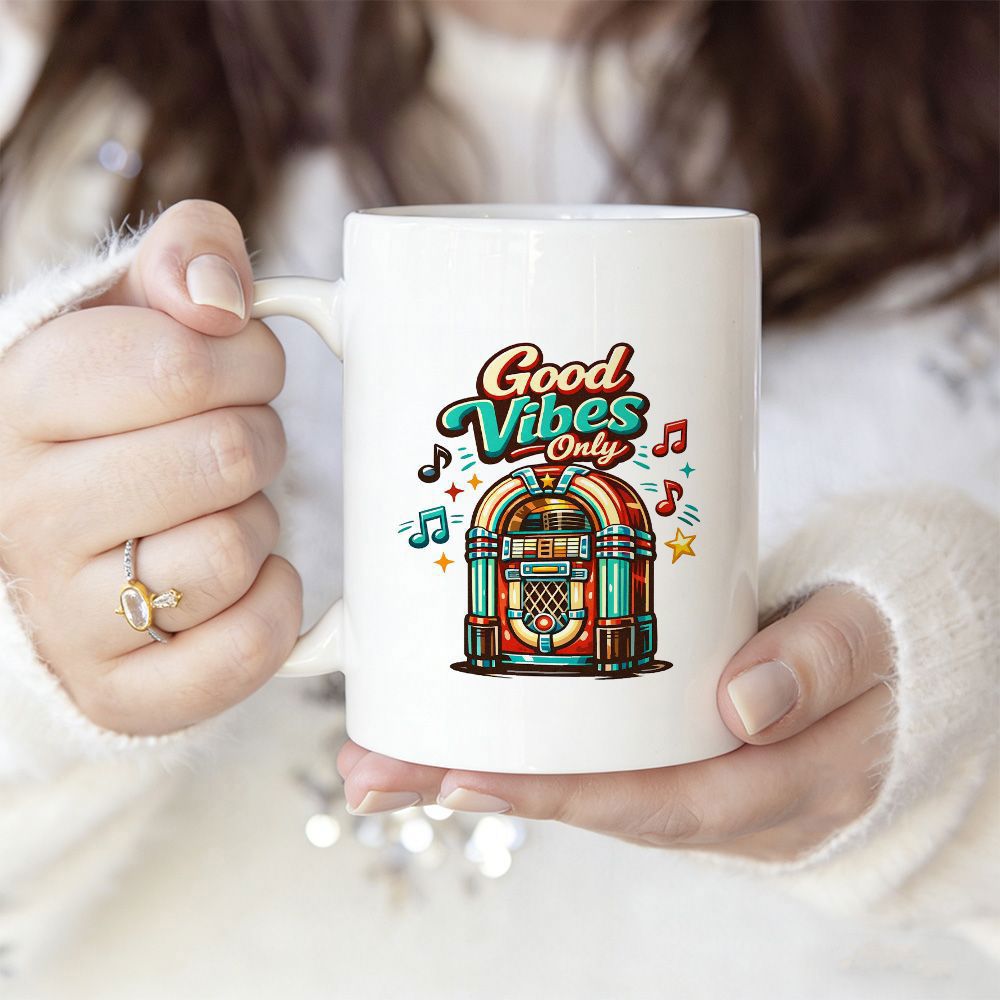Tailorly White Ceramic 11 oz Mug - Good Vibes Only Colorful Retro Design With Musical Notes Surrounding A Vintage Jukebox