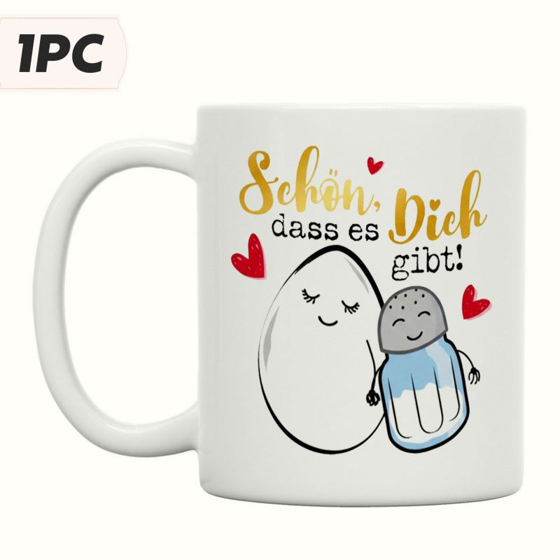 Tailorly White Ceramic 11 oz Mug - Cute Cartoon Egg And Salt Shaker Duo Surrounded By Hearts Mug