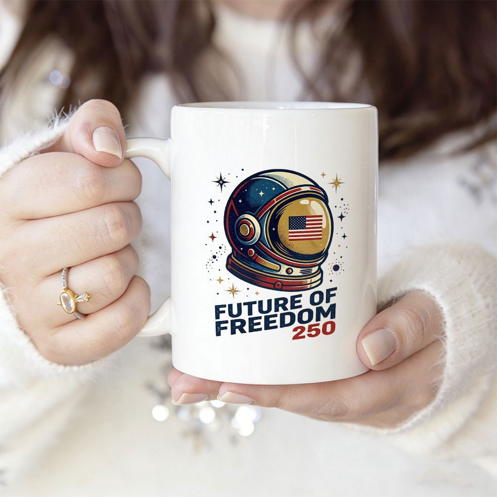 Tailorly White Ceramic 11 oz Mug - Future Of Freedom 250 Patriotic Space Exploration Design Floating In A Starry Universe Background Astronaut