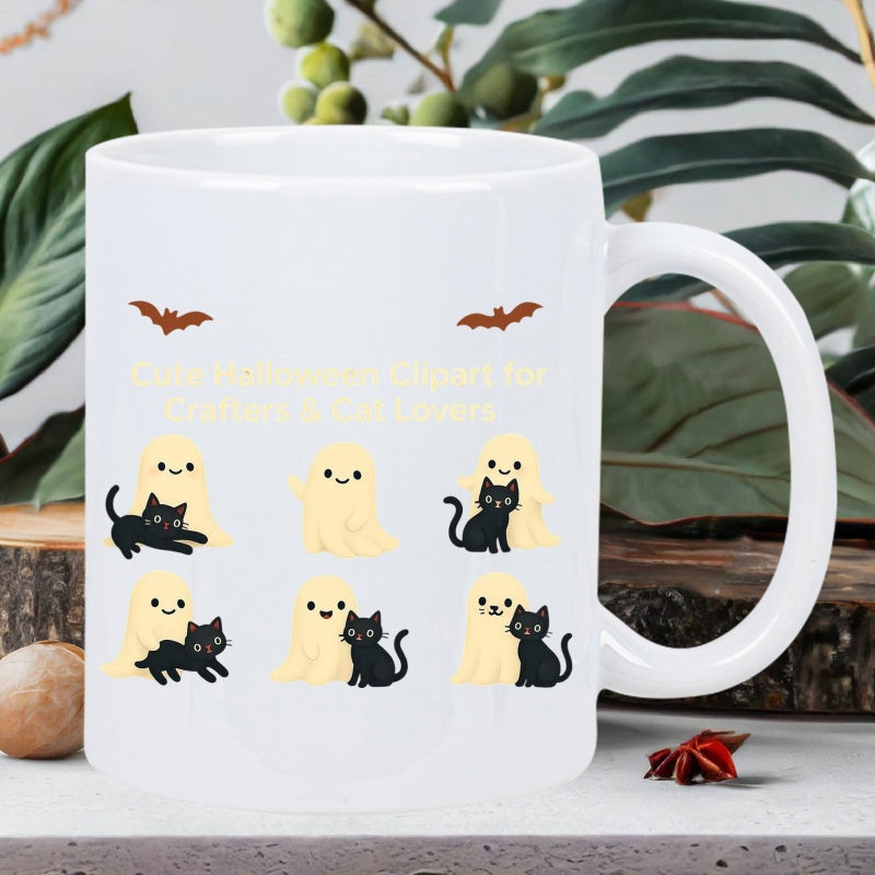 Tailorly White Ceramic 11 oz Mug - Spooky Halloween Cheer For Creative Cat Lovers Playful Cartoon Ghosts And Bats Celebrating Halloween With A Charming Black Cat