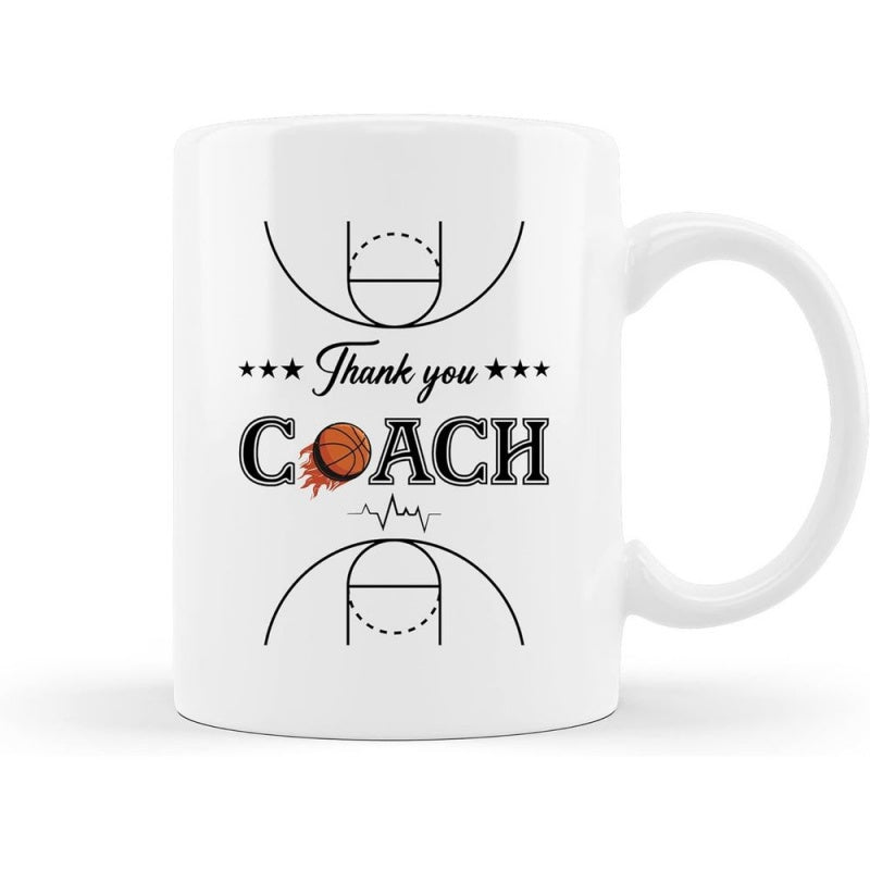 Tailorly White Ceramic 11 oz Mug - Thank You Coach Symmetrical Basketball Court Diagram With Stars And Moving Basketball