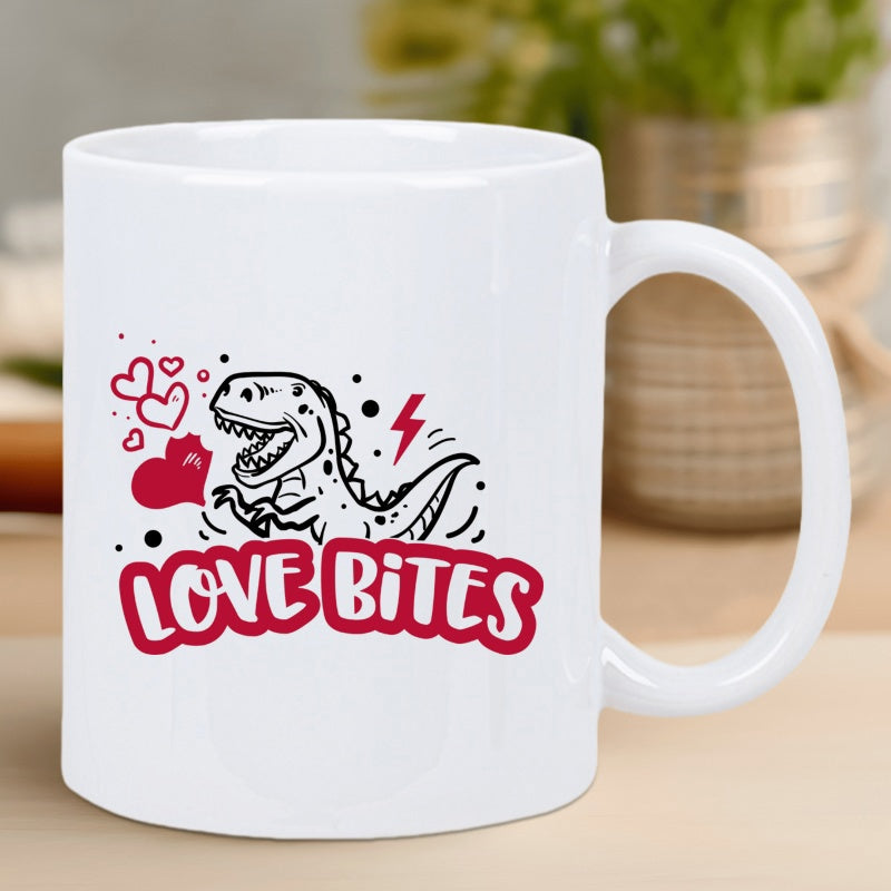 Tailorly White Ceramic 11 oz Mug - Love Bites Playful Cartoon Tyrannosaurus Surrounded By Hearts And Lightning Bolt Dinosaur