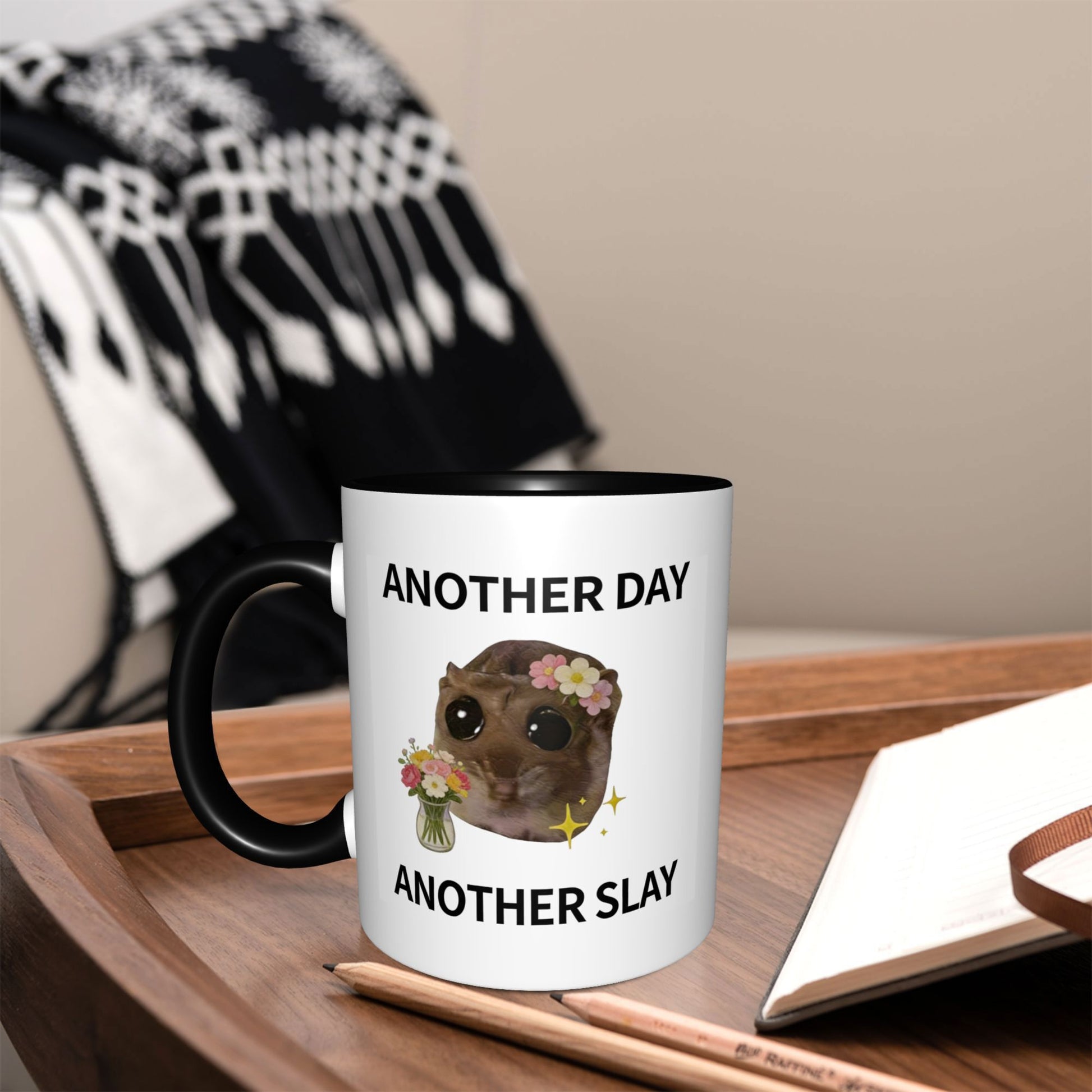 Tailorly Black Accent 11 oz Mug - Cute Hamster Another Slay Flower Floral Animal Print
