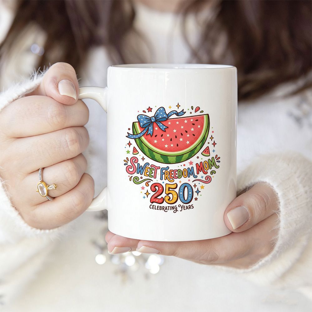 Tailorly White Ceramic 11 oz Mug - Sweet Freedom Mom 250 Celebrating Years Vibrant Juicy Sliced Fruit With A Decorative Blue Ribbon Bow Watermelon