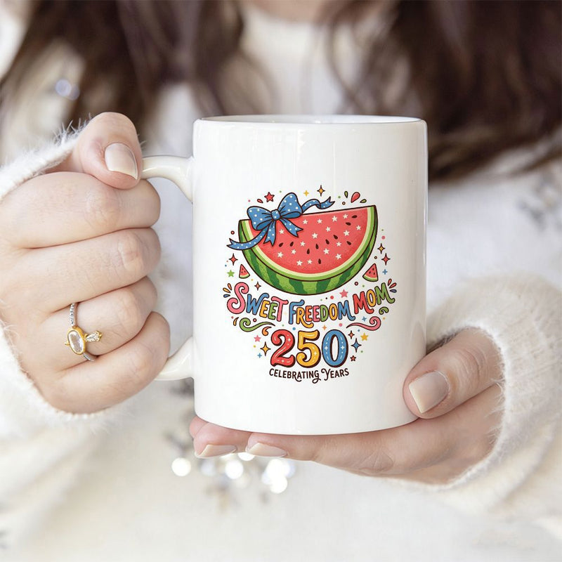 Tailorly White Ceramic 11 oz Mug - Sweet Freedom Mom 250 Celebrating Years Vibrant Juicy Sliced Fruit With A Decorative Blue Ribbon Bow Watermelon