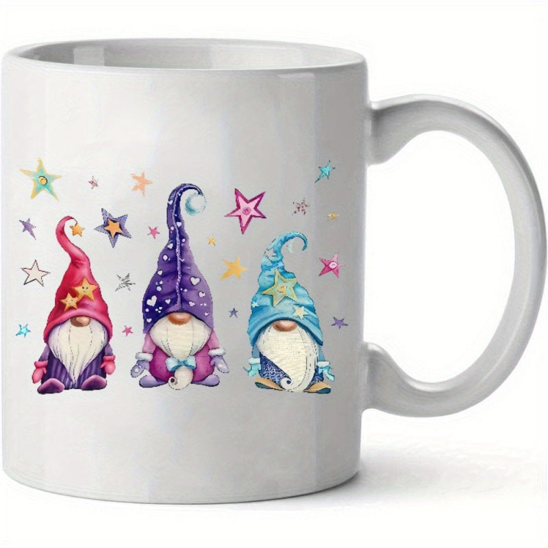 Tailorly White Ceramic 11 oz Mug - Whimsical Watercolor Figures Surrounded By Colorful Twinkling Stars Gnomes