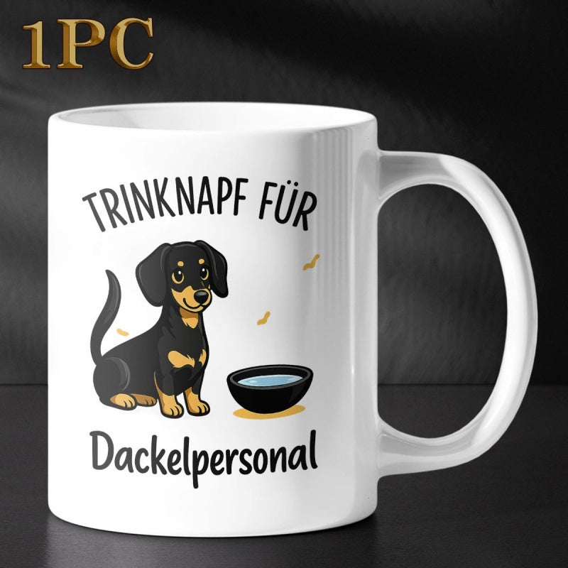 Tailorly White Ceramic 11 oz Mug - Cute Cartoon Black And Tan Dog Sitting Next To Water Bowl Dachshund