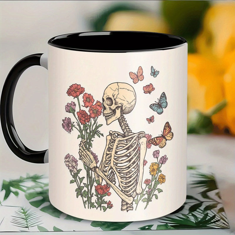 Tailorly Black Accent 11 oz Mug - skull with floral patterns