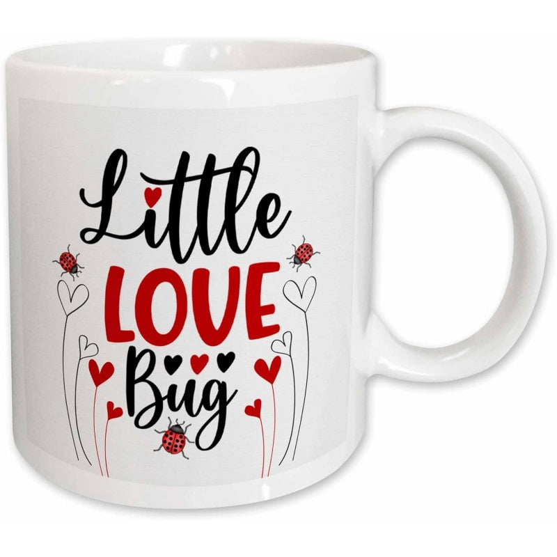 Tailorly White Ceramic 11 oz Mug - Little Love Bug Tiny Red Spotted Beetles Crawling Near Artistic Floating Hearts Ladybug