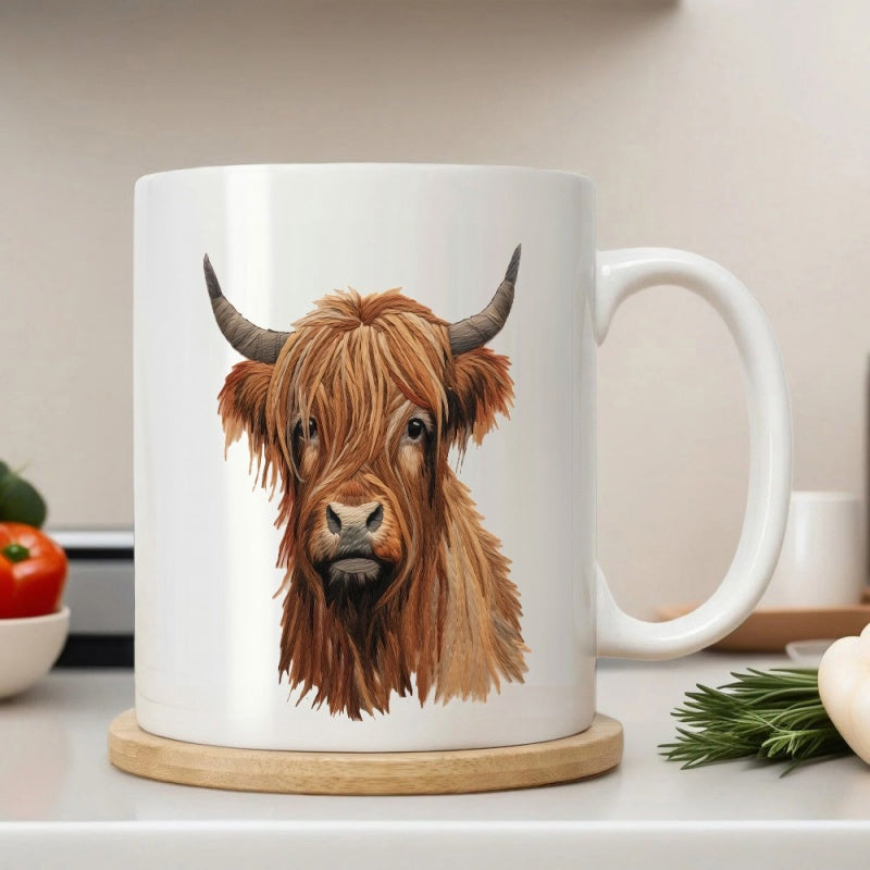 Tailorly White Ceramic 11 oz Mug - Rustic Shaggy Portrait Featuring Majestic Horns And Long Brown Fur Highland Cow