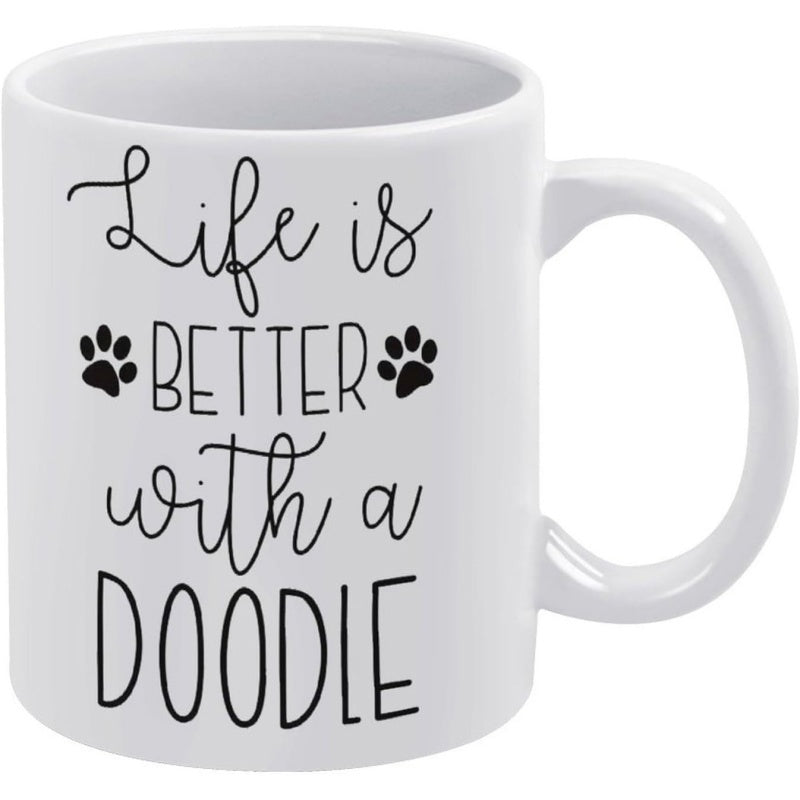 Tailorly White Ceramic 11 oz Mug - Life Is Better With A Doodle Simple Black Paw Prints Flanking Heartfelt Sentimental Pet Themed Typography Doodle