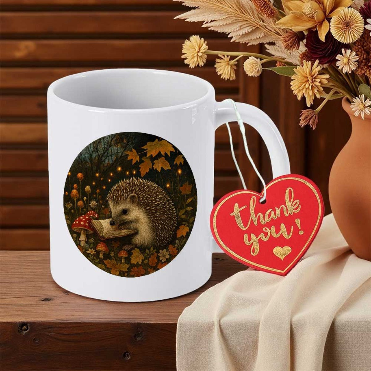 Tailorly White Ceramic 11 oz Mug - Thank You Cute Animal Resting Among Autumn Leaves And Mushrooms In Wild Woods Hedgehog