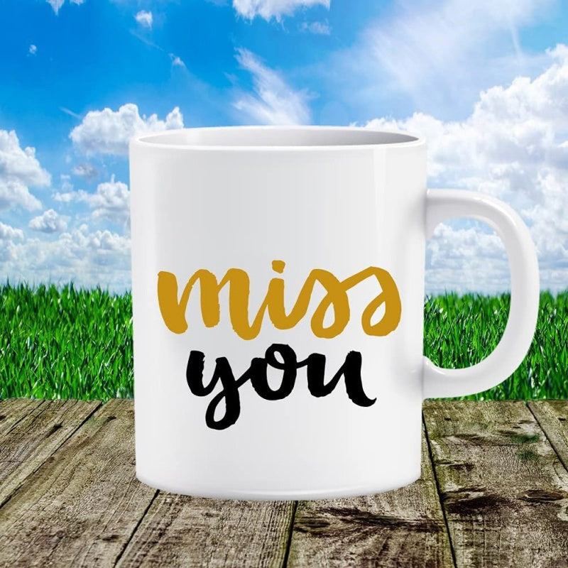 Tailorly White Ceramic 11 oz Mug - Miss You Minimalist Ceramic Vessel On Weathered Wood Under Clear Blue Sky Mug