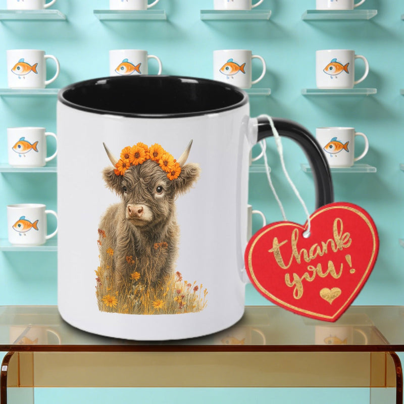 Tailorly Black Accent 11 oz Mug - Highland Cow Design Logo