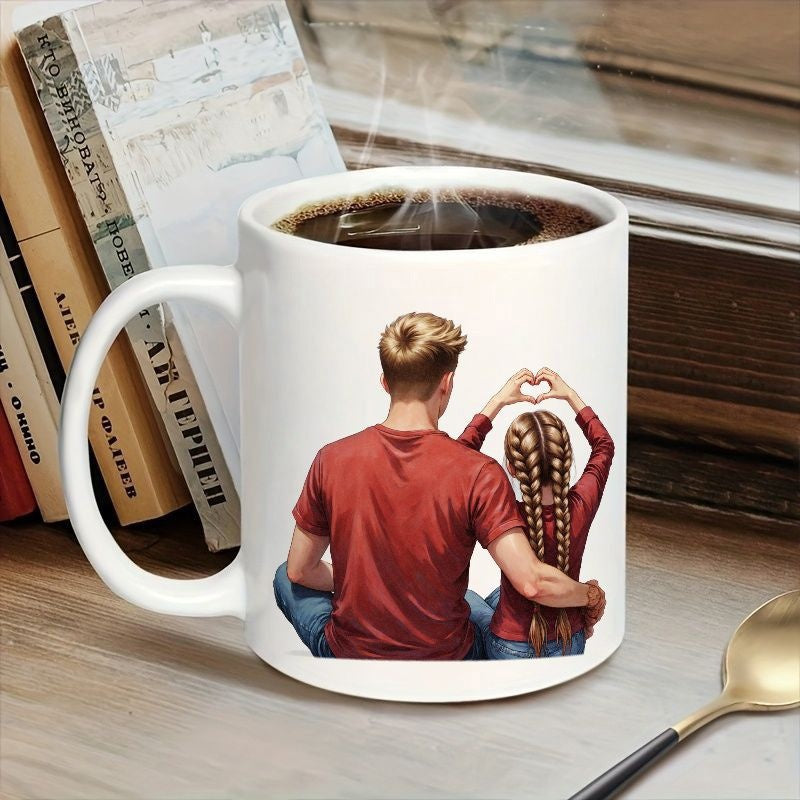 Tailorly White Ceramic 11 oz Mug - Loving Father And Little Daughter Making Heart Shape Sitting Together Illustration Mug