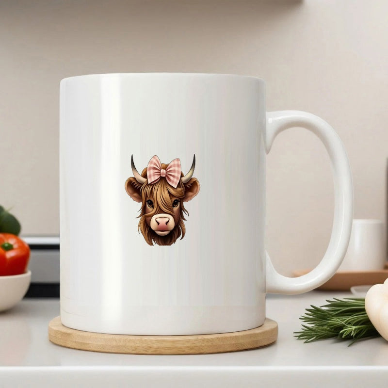 Tailorly White Ceramic 11 oz Mug - Cute Shaggy Brown Highland Cow Wearing A Pink Patterned Bow Cow