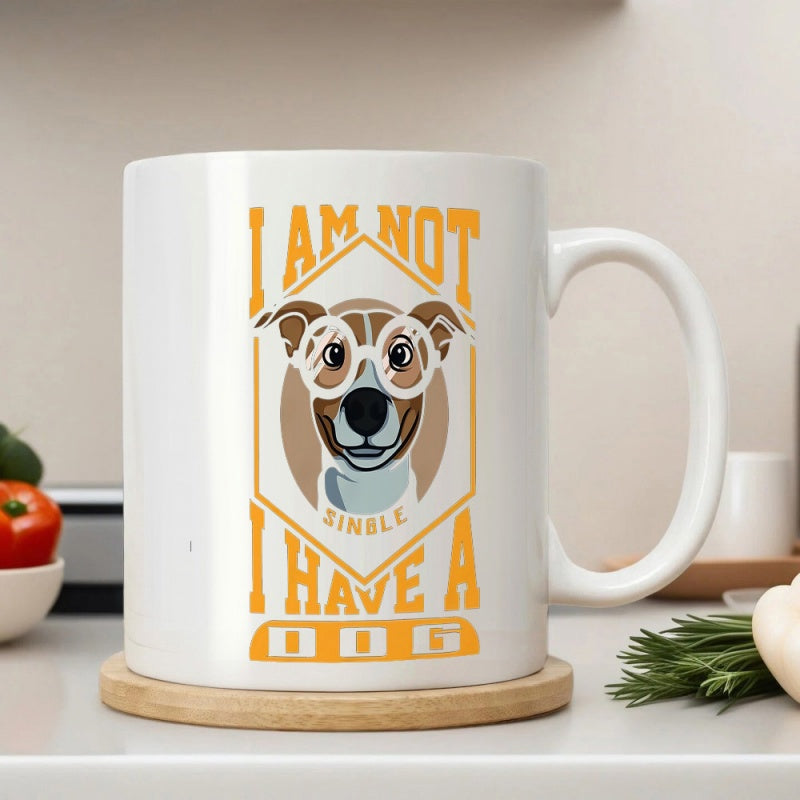 Tailorly White Ceramic 11 oz Mug - I Am Not Single I Have A Dog Cartoonish Brown Hound Wearing Glasses Inside Geometric Border Dog