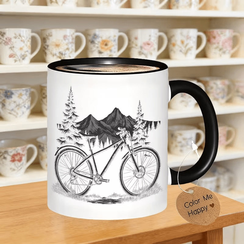 Tailorly Black Accent 11 oz Mug - Mountain biking logo with text "Tea Milk Or Water"