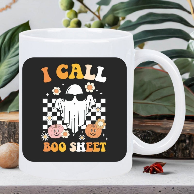 Tailorly White Ceramic 11 oz Mug - I Call Boo Sheet Cute Retro Ghost Wearing Sunglasses Among Flowers And Smiling Pumpkins Ghost