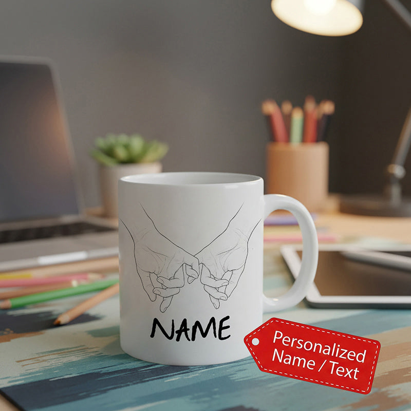 Tailorly White Ceramic 11 oz Mug - Name Minimalist Line Drawing Of Two Interlocked Pinky Fingers Making A Promise Hands