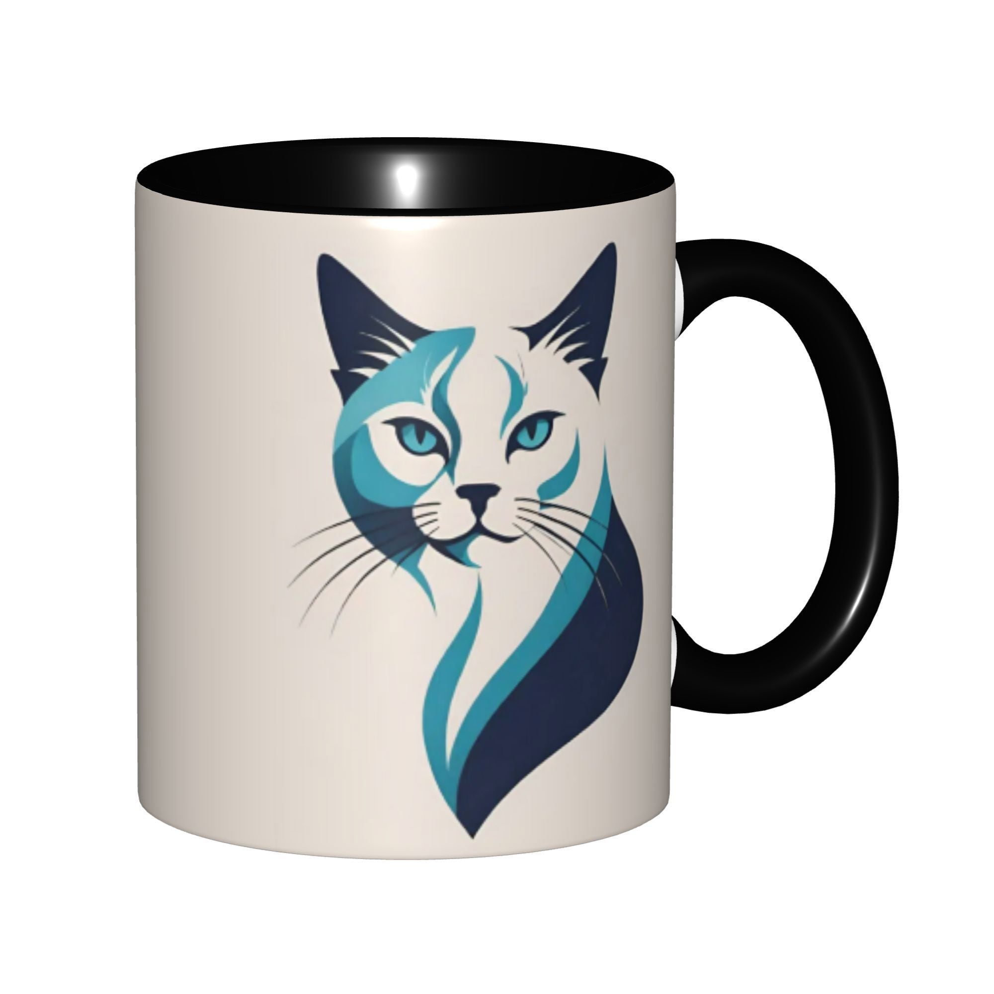 Tailorly Black Accent 11 oz Mug - geometric teal and white cat portrait with sharp lines