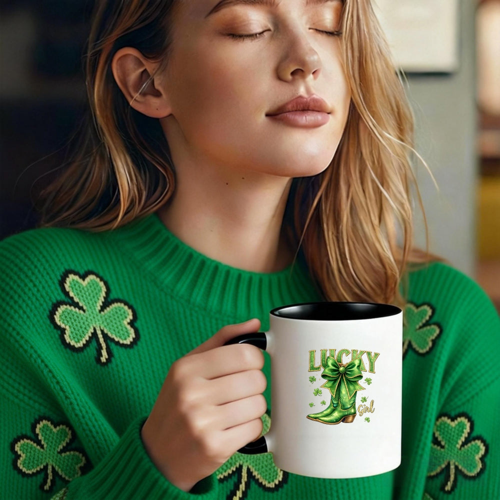 Tailorly Black Accent 11 oz Mug - green boot with bow and clover pattern