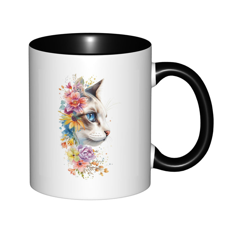 Tailorly Black Accent 11 oz Mug - blue floral cat watercolor feline art elegant botanical print