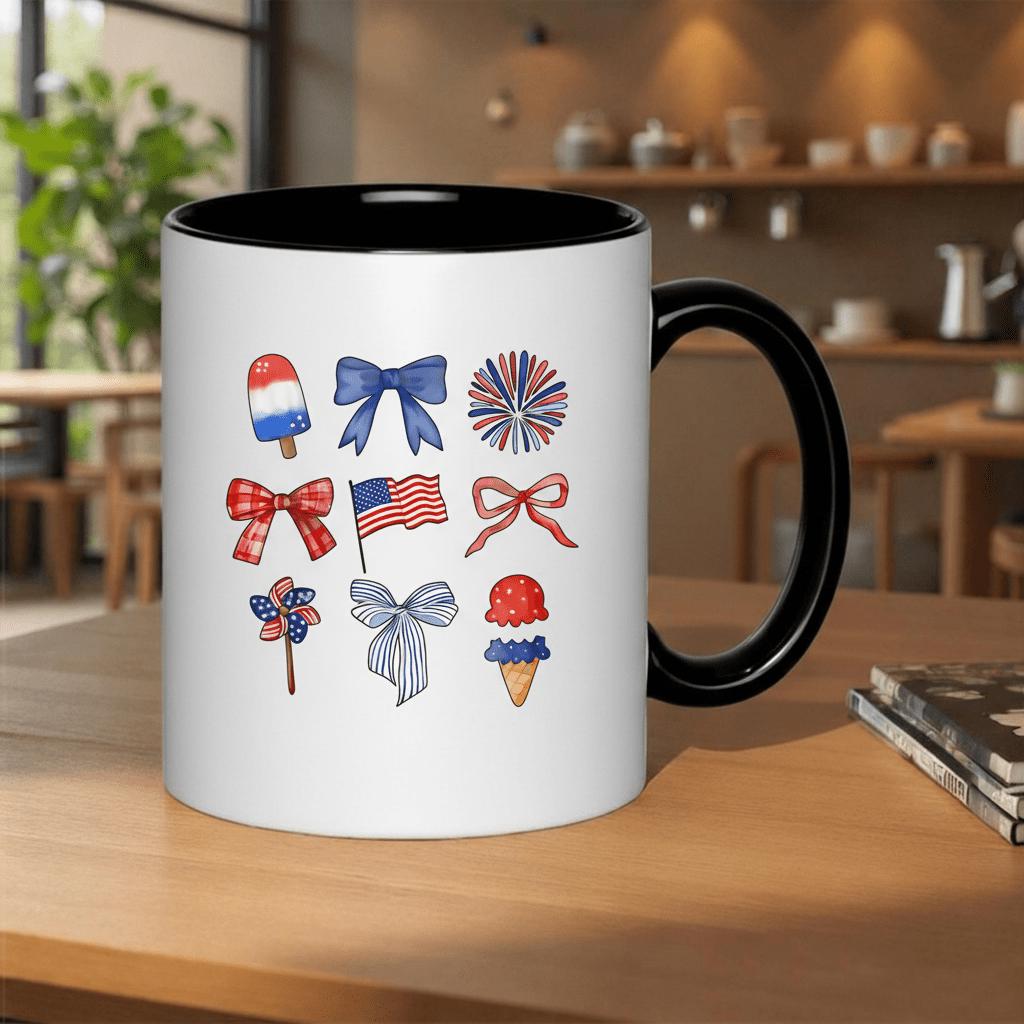 Tailorly Black Accent 11 oz Mug - ice cream bows and fireworks celebration