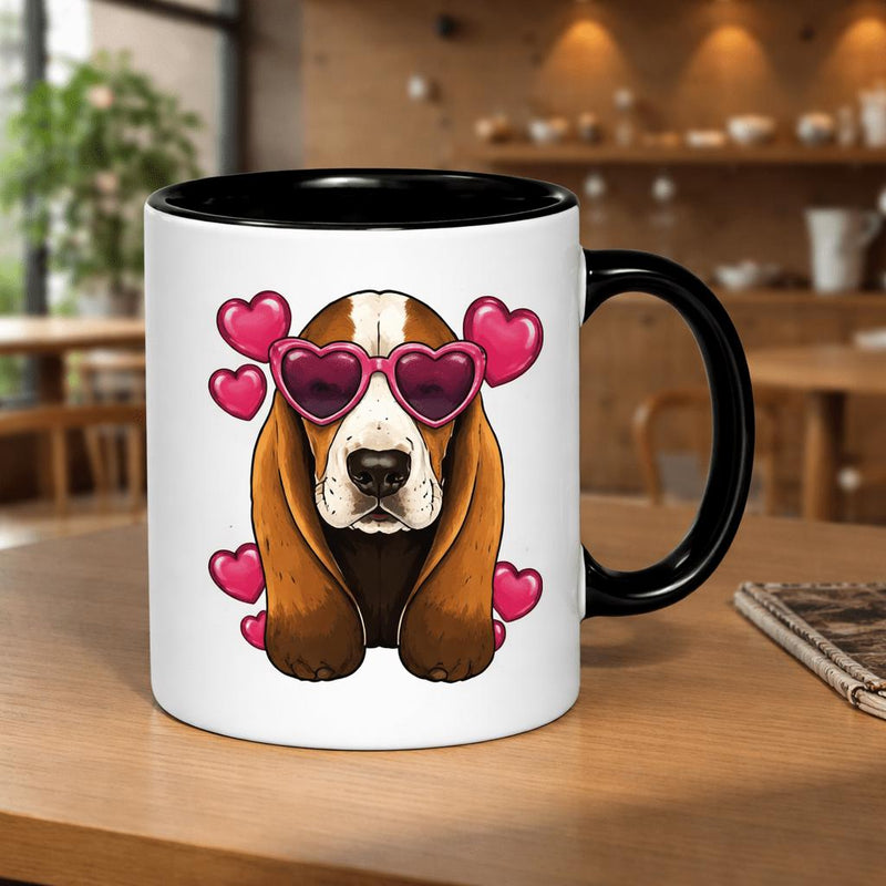 Tailorly Black Accent 11 oz Mug - basset hound wearing glasses surrounded by hearts