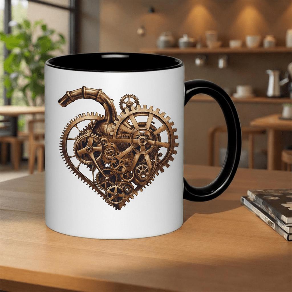 Tailorly Black Accent 11 oz Mug - steampunk heart mechanical gears intricate design