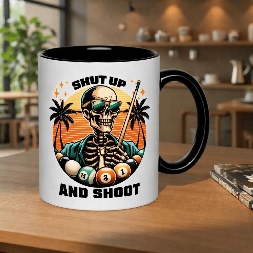 Tailorly Black Accent 11 oz Mug - skeleton playing pool with "shut up and shoot" text