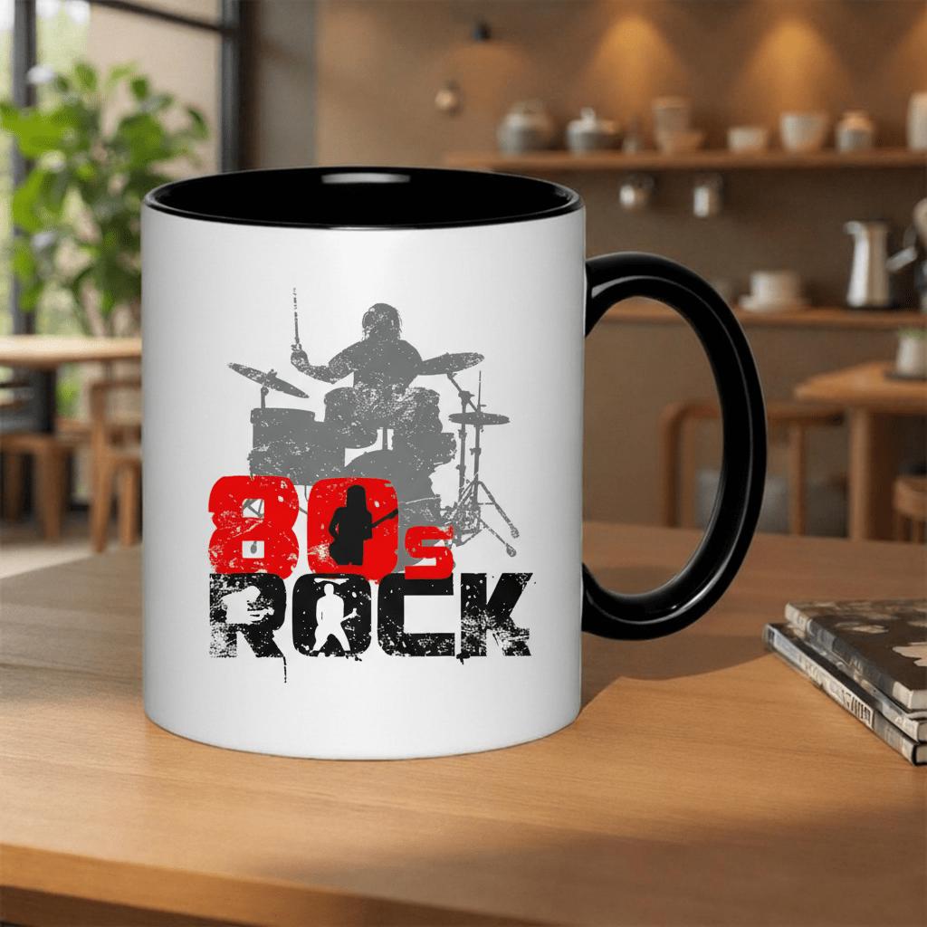 Tailorly Black Accent 11 oz Mug - 80s rock drummer and guitarist vintage design