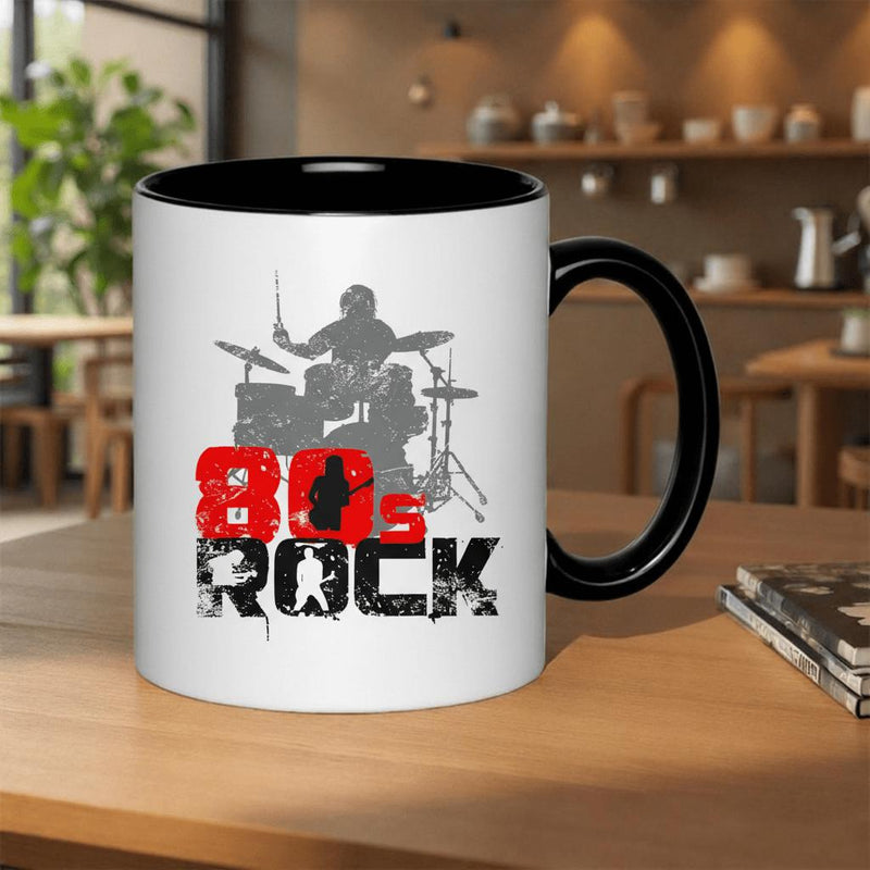Tailorly Black Accent 11 oz Mug - 80s rock drummer and guitarist vintage design
