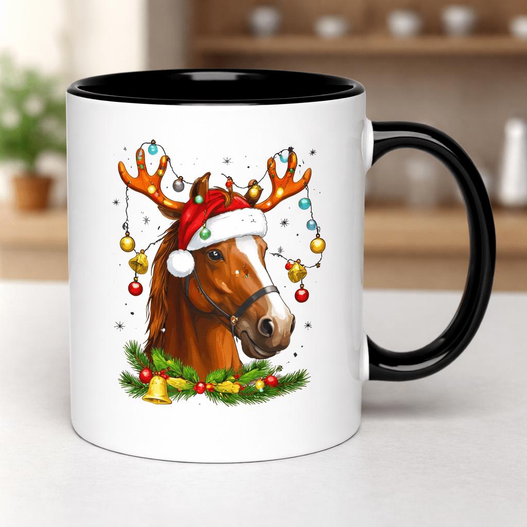 Tailorly Black Accent 11 oz Mug - christmas horse with antlers and lights