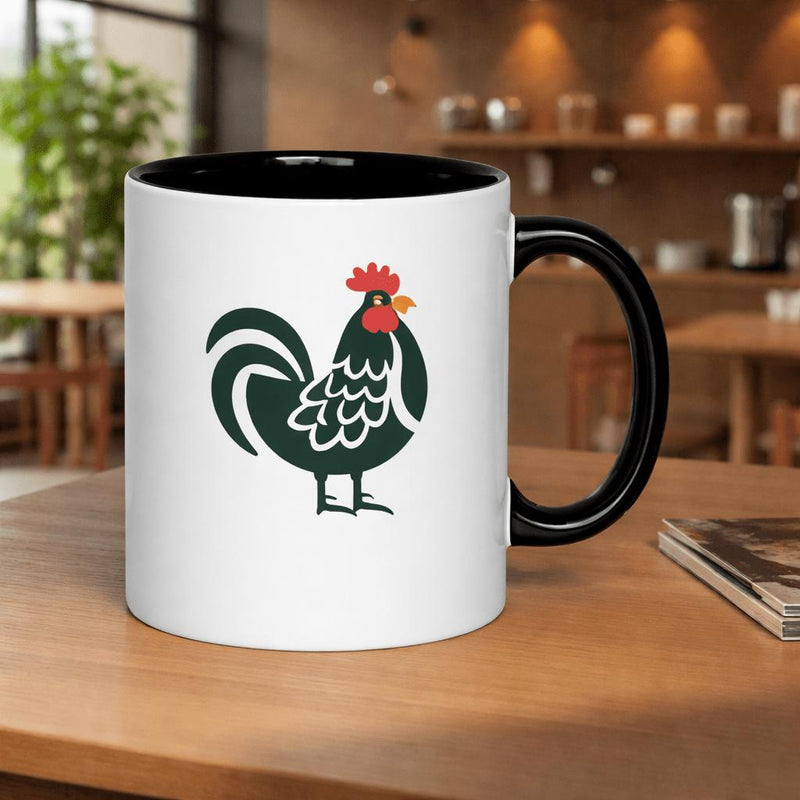 Tailorly Black Accent 11 oz Mug - rooster graphic characterized by lines and bright colors