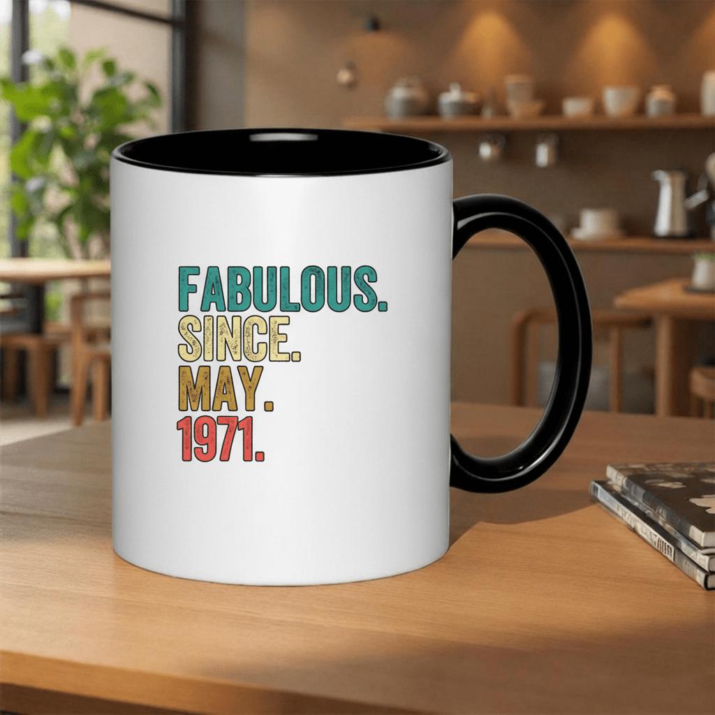 Tailorly Black Accent 11 oz Mug - fabulous since may 1971
