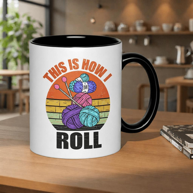 Tailorly Black Accent 11 oz Mug - knitting yarn needles sunset retro funny gift