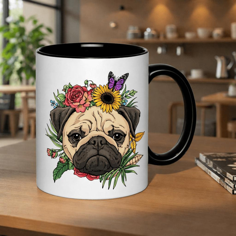 Tailorly Black Accent 11 oz Mug - pug with floral