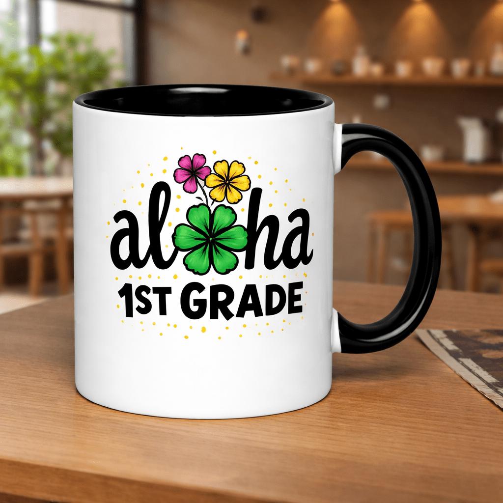 Tailorly Black Accent 11 oz Mug - aloha 1st grade floral and clover pattern